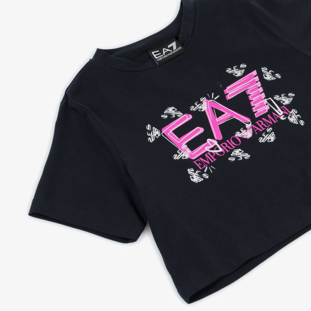 EA7 Emporio Armani-Navy Blue Cotton Tee for Girls | Childrensalon Outlet