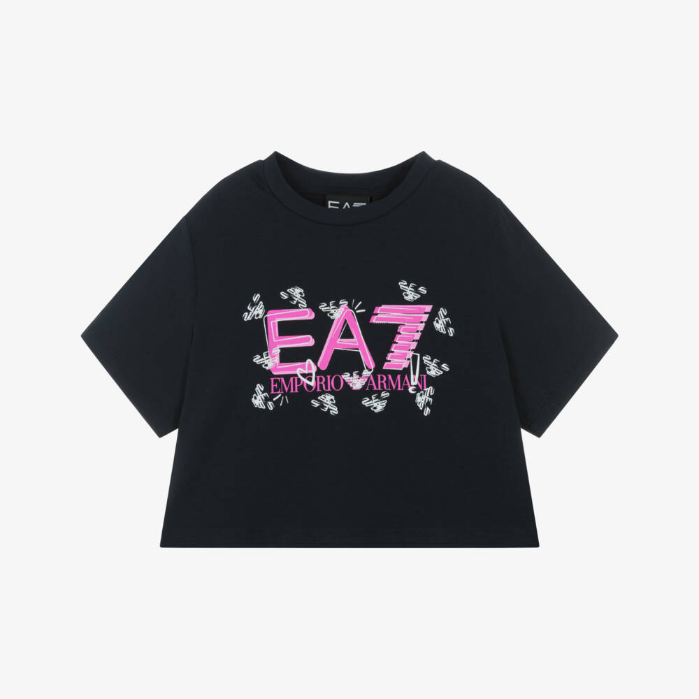 EA7 Emporio Armani-Navy Blue Cotton Tee for Girls | Childrensalon Outlet