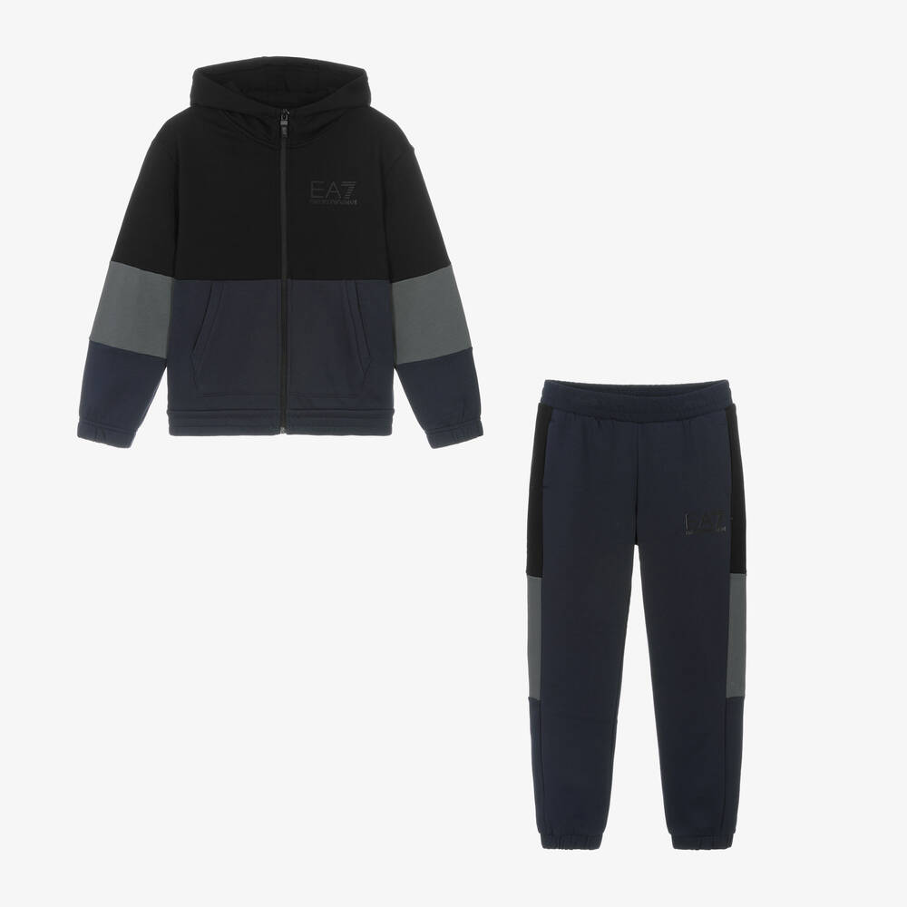 EA7 Emporio Armani - بدلة رياضية قطن جيرسي لون أسود وكحلي للمراهقين | Childrensalon