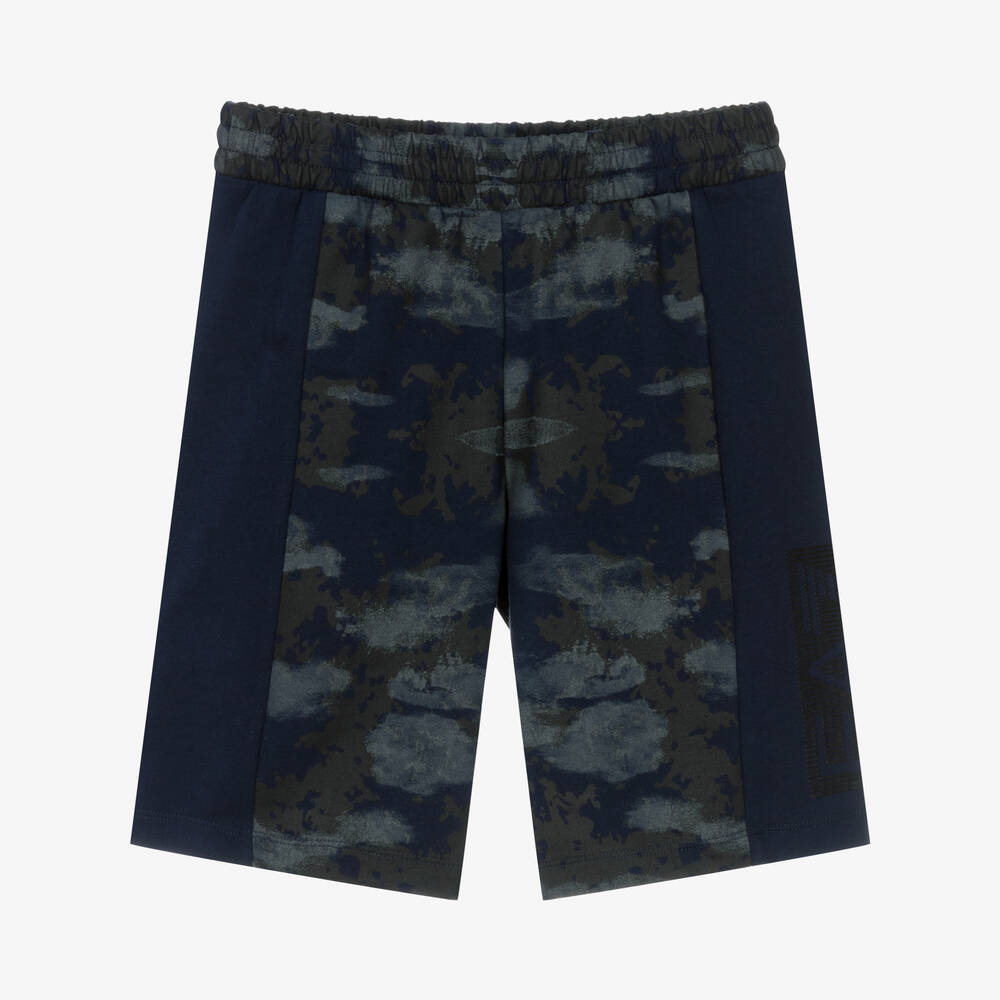 EA7 Emporio Armani - Teen Boys Blue Camouflage Logo Shorts | Childrensalon