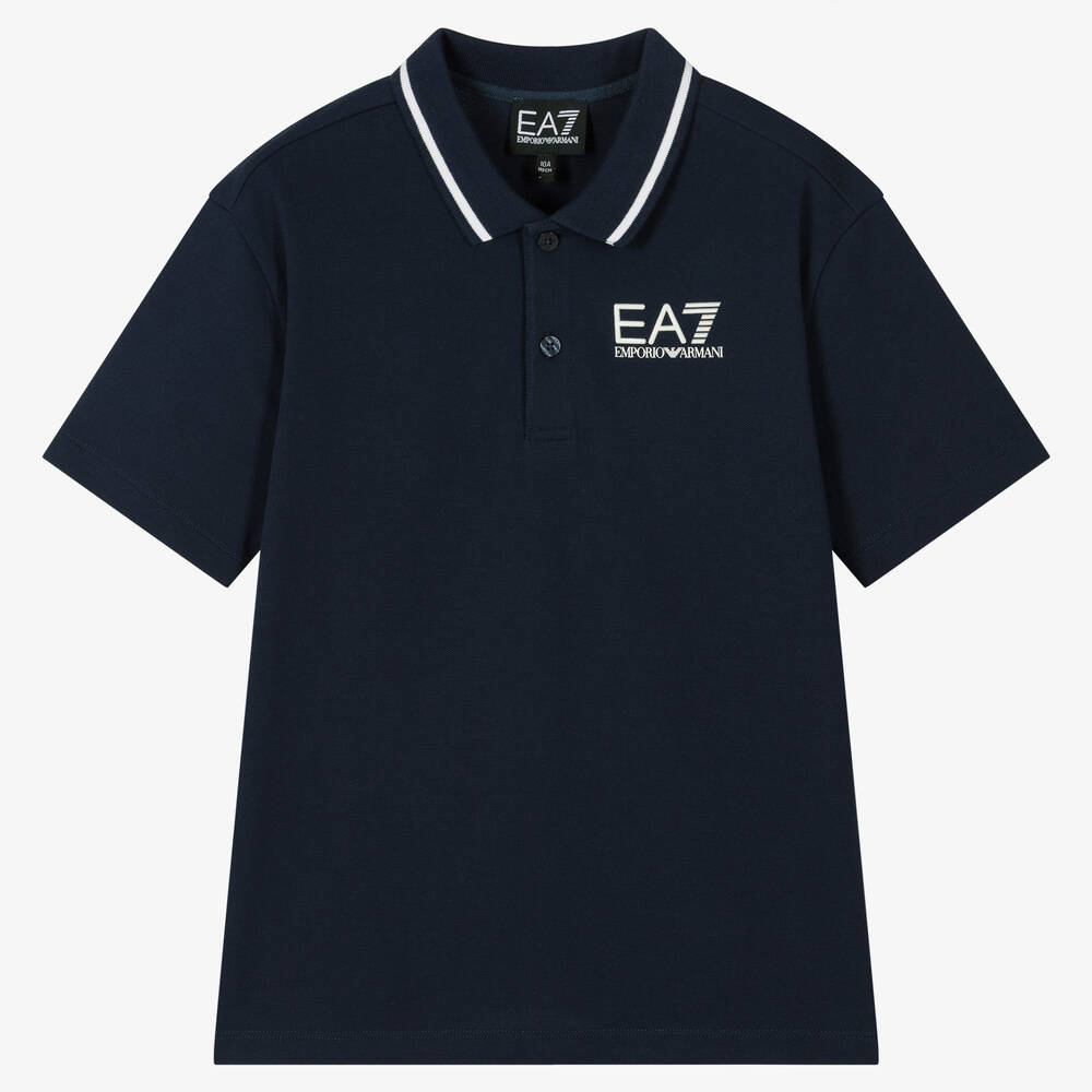 EA7 Emporio Armani - Teen Boys Blue Cotton Logo Polo Shirt | Childrensalon