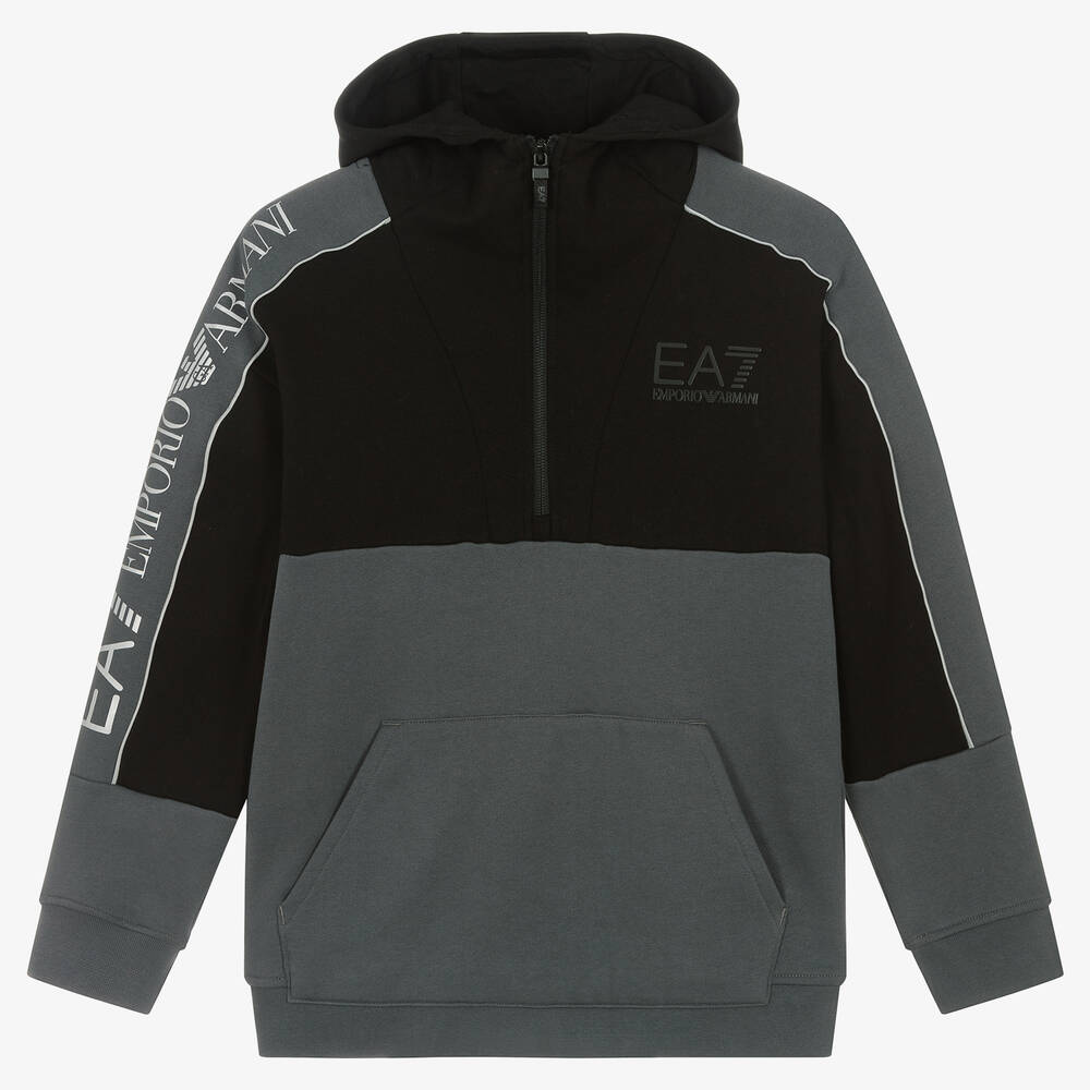 EA7 Emporio Armani - Teen Boys Grey & Black Cotton Hoodie | Childrensalon