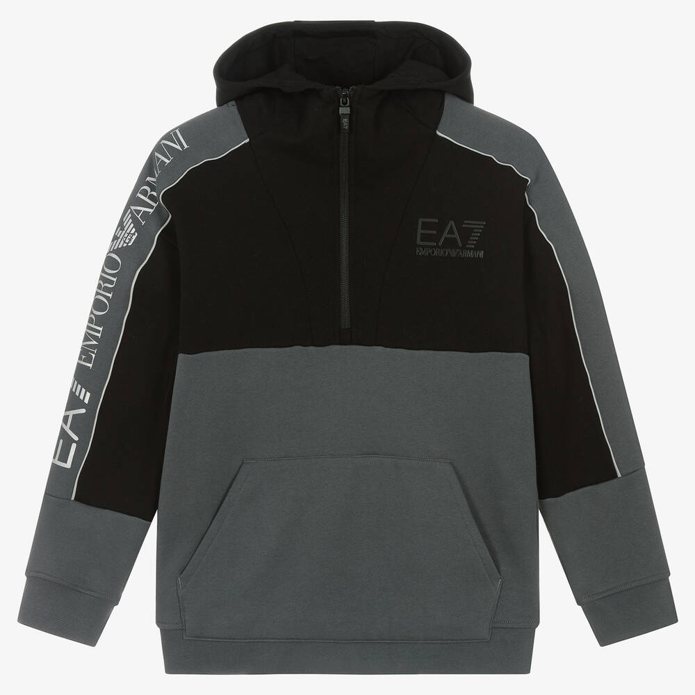 EA7 Emporio Armani Sweat a capuche en coton gris et noir pour ado garcon Childrensalon Outlet