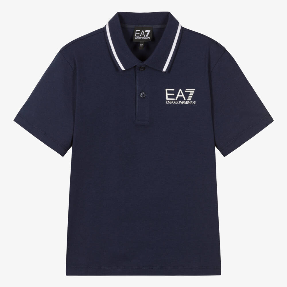 EA7 Emporio Armani-Teen Boys Navy Blue Cotton Polo Shirt With EA7 Logo | Childrensalon Outlet
