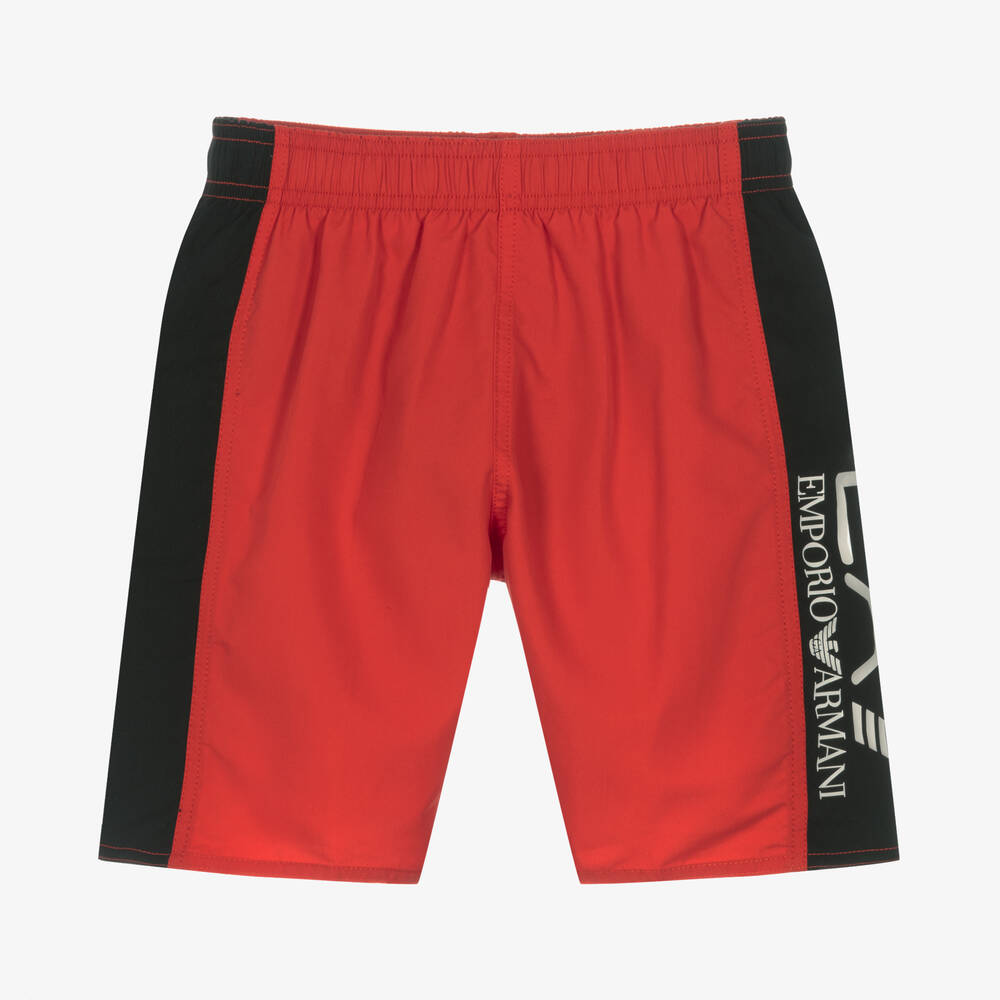 EA7 Emporio Armani - Teen Boys Red & Black Logo Swim Shorts | Childrensalon