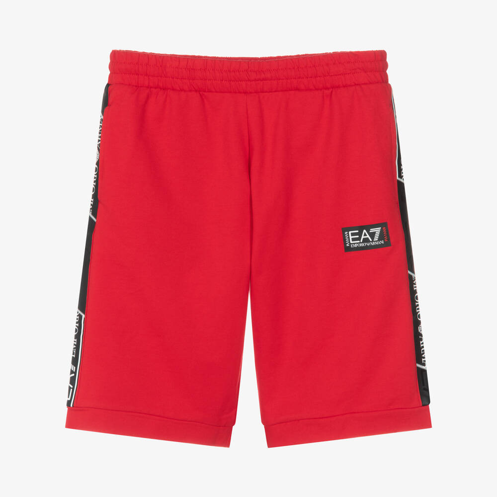 EA7 Emporio Armani - Teen Boys Red Cotton Logo Tape Shorts | Childrensalon