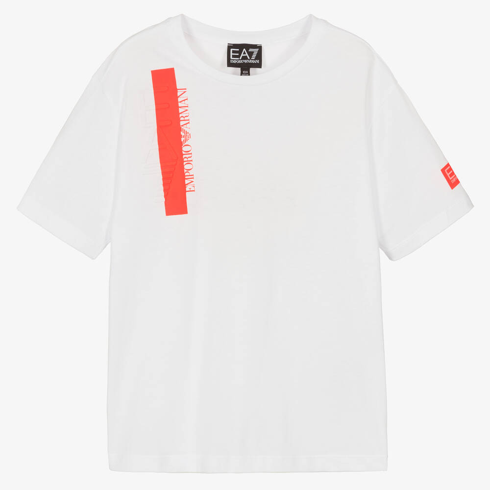EA7 Emporio Armani - Teen Boys White Cotton Logo T-Shirt | Childrensalon