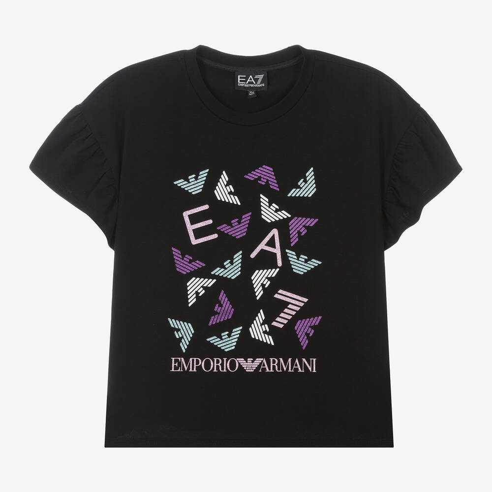 EA7 Emporio Armani-Teen Girls Black Glittery Eagle T-Shirt | Childrensalon Outlet