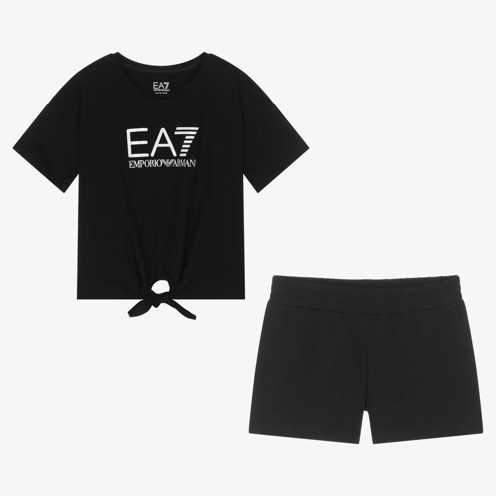EA7 Emporio Armani - Teen Girls Black Logo Shorts Set | Childrensalon
