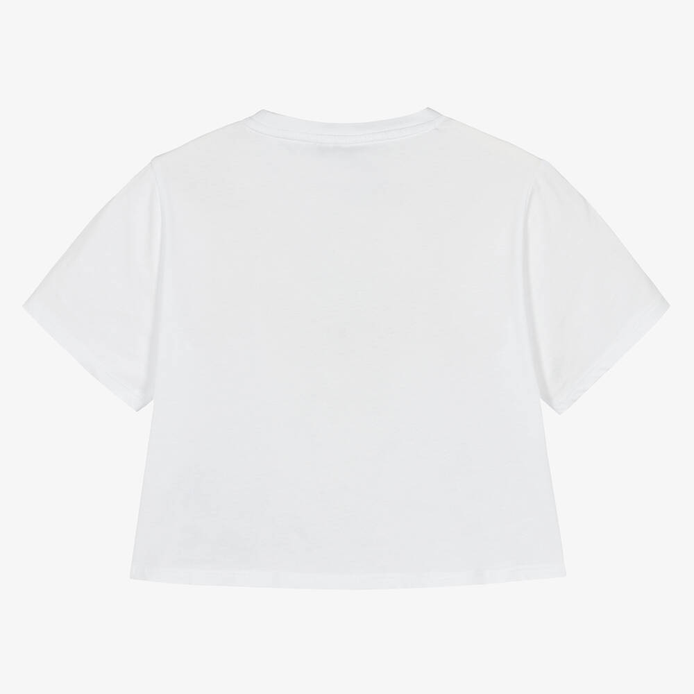 EA7 Emporio Armani-Teen Girls Cropped White Cotton T-Shirt | Childrensalon Outlet