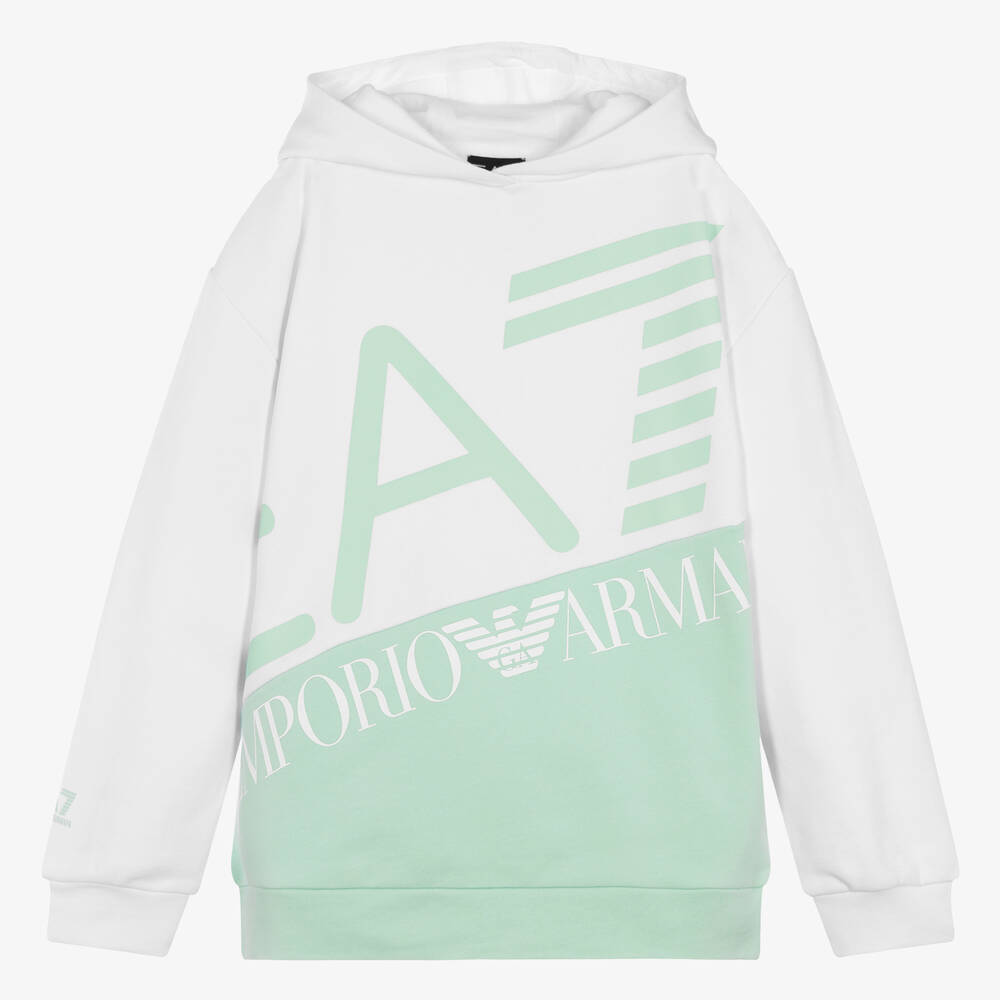 EA7 Emporio Armani Teen Girls White Green Cotton Hoodie Childrensalon Outlet