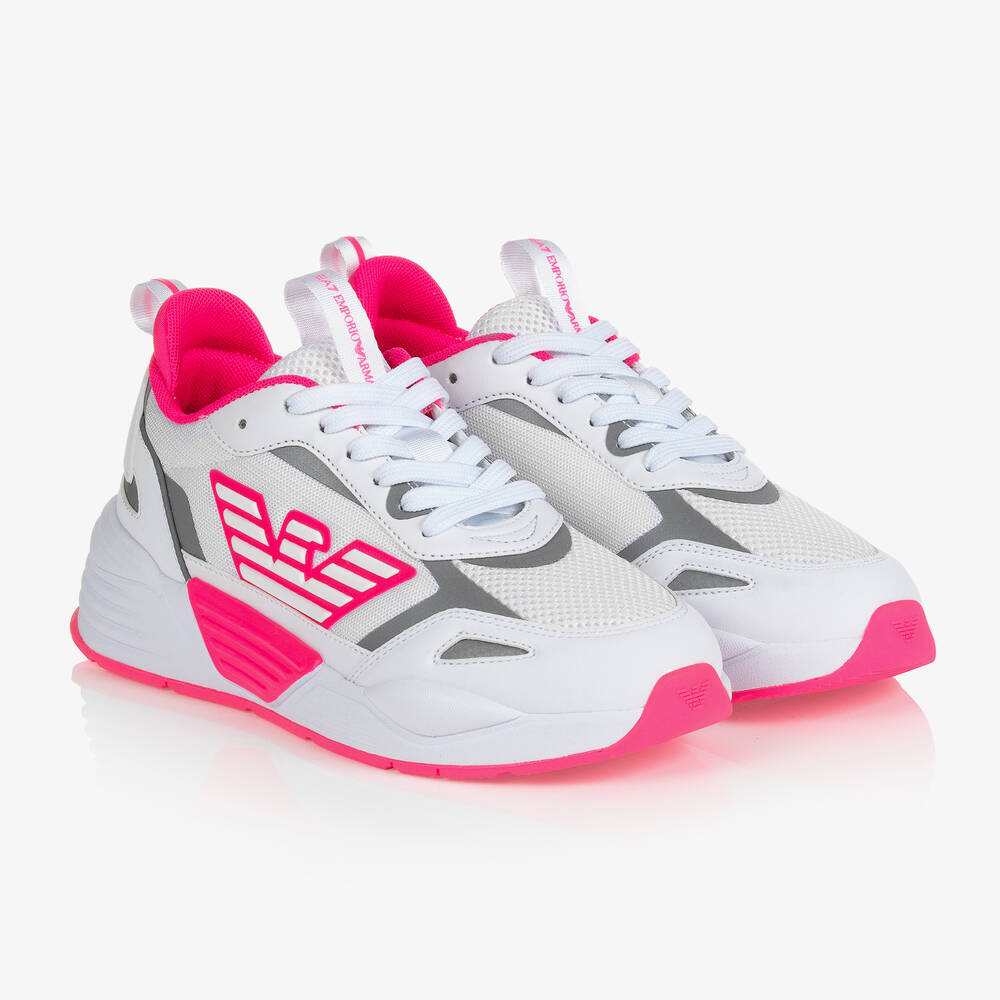 EA7 Emporio Armani - Бело-розовые кроссовки для девочек | Childrensalon
