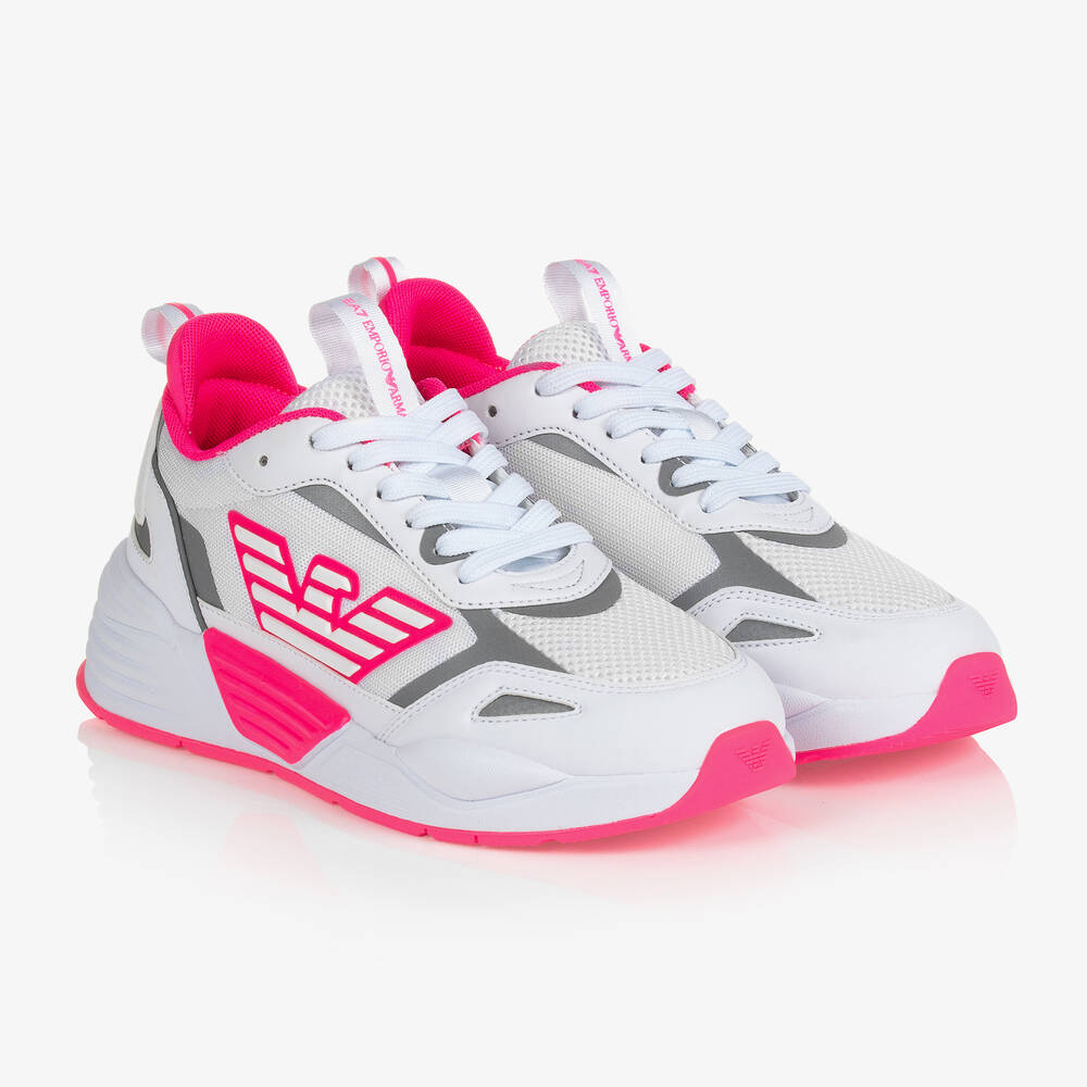 EA7 Emporio Armani - Teen Girls White & Pink Logo Trainers | Childrensalon