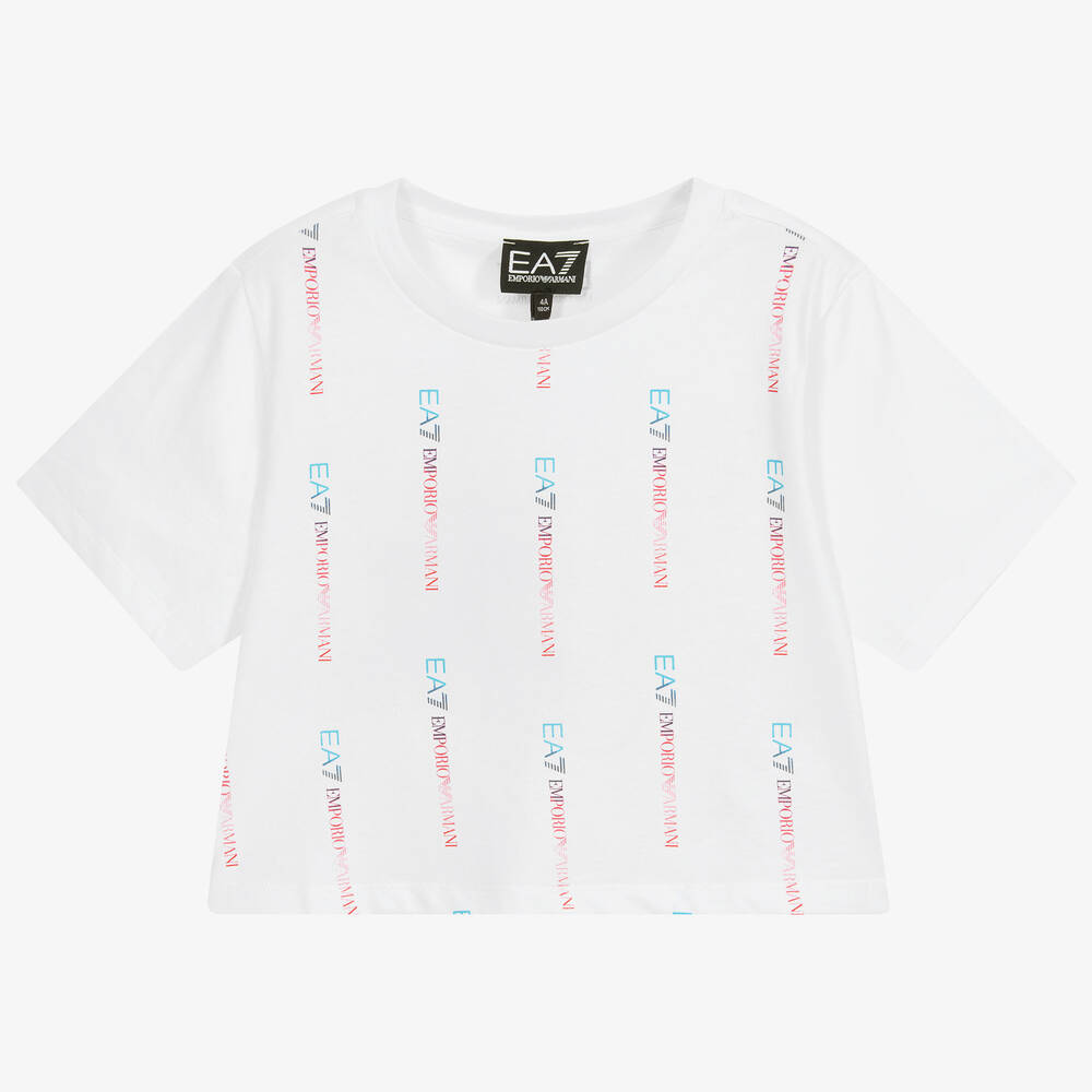 EA7 Emporio Armani-White Cropped Logo T-Shirt | Childrensalon Outlet