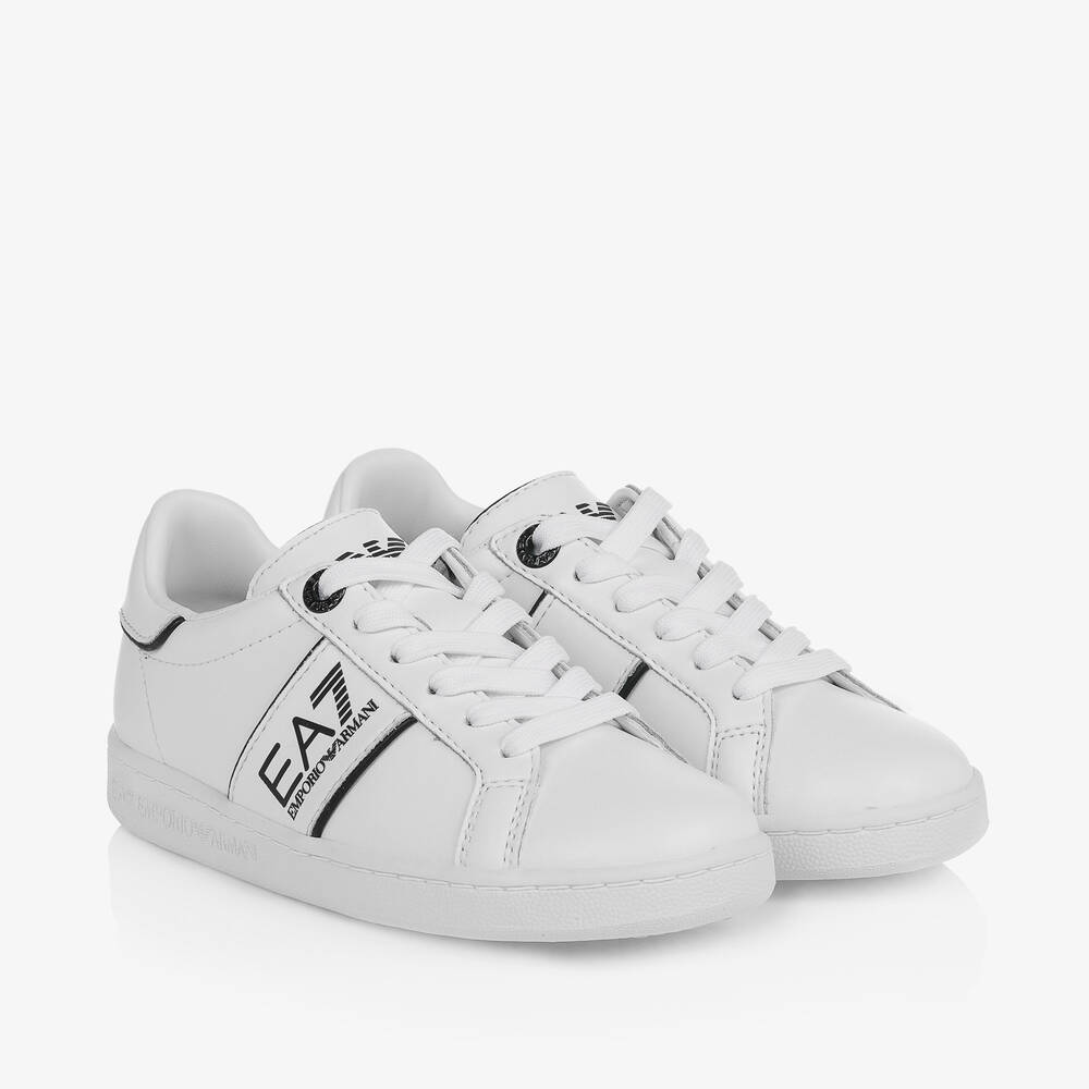 EA7 Emporio Armani White Leather Lace Up Trainers Childrensalon Outlet