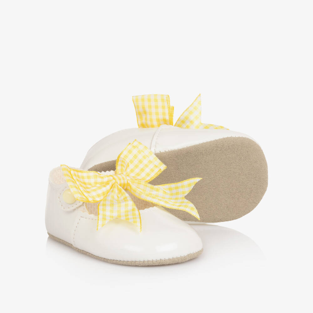 Early Days-Baby Girls White Pre-Walker Shoes with Yellow Gingham Bows | Childrensalon Outlet