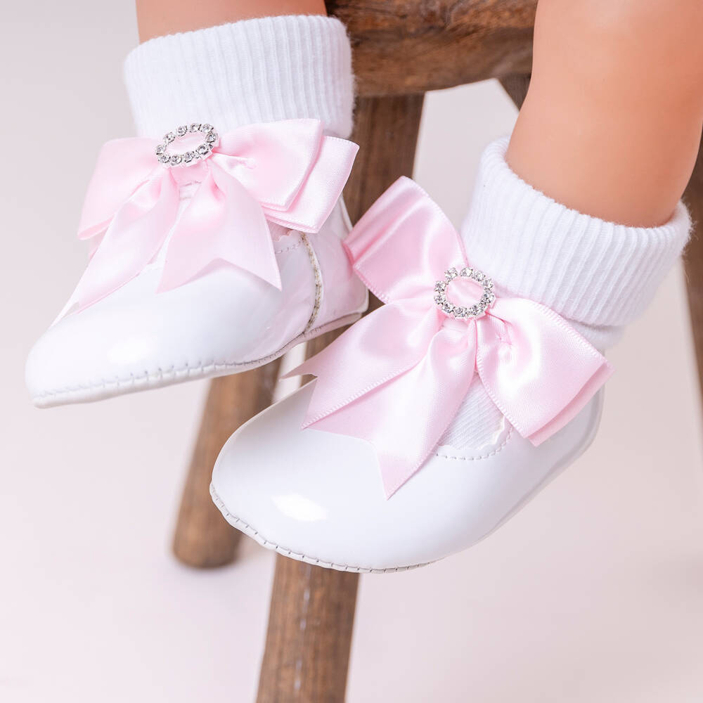 Early Days-Girls White Patent Pre-Walker Shoes with Pink Bow | Childrensalon Outlet