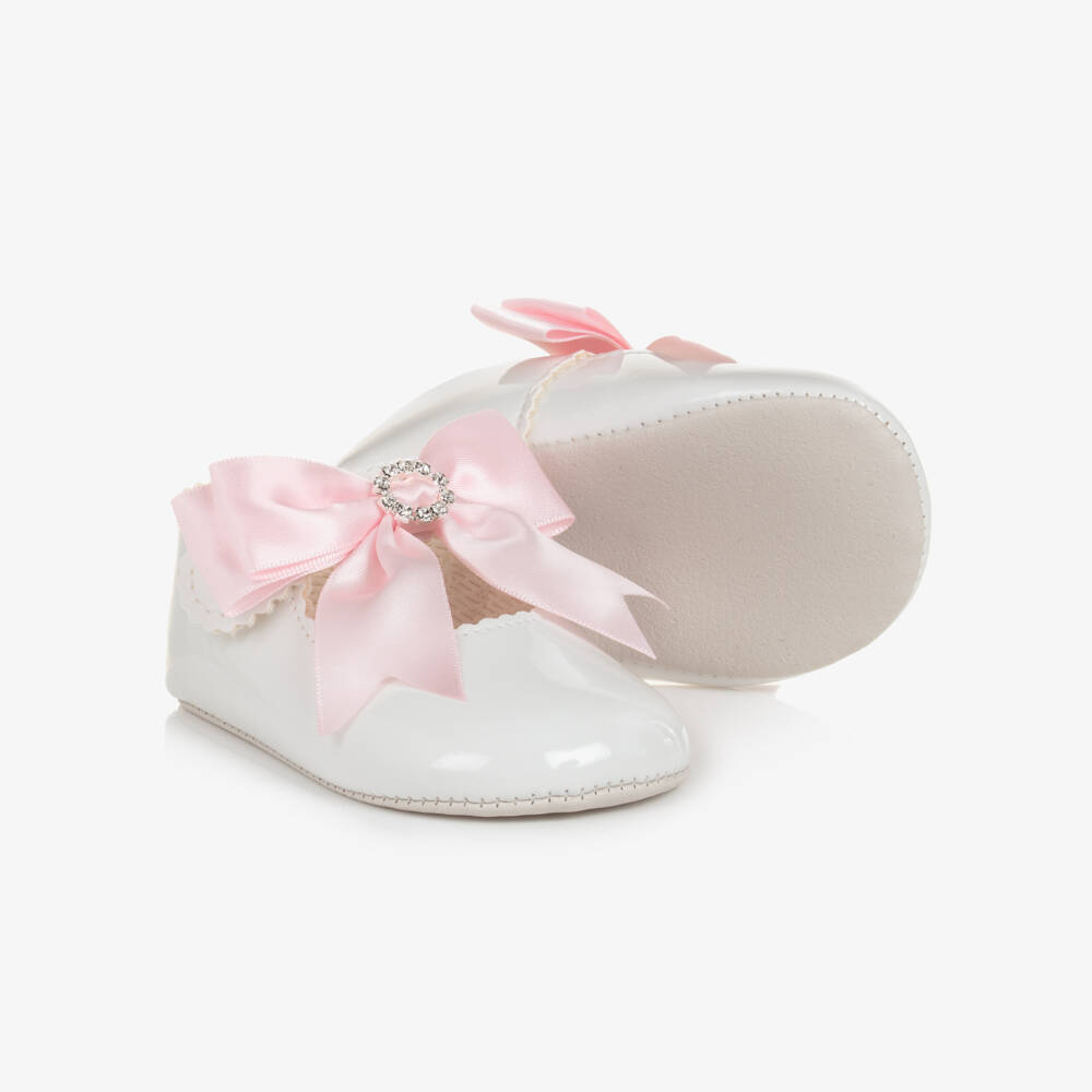 Early Days-Girls White Patent Pre-Walker Shoes with Pink Bow | Childrensalon Outlet