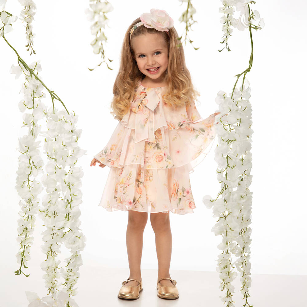 EIRENE-Baby Girls Blush Pink Chiffon Floral Print Dress | Childrensalon Outlet
