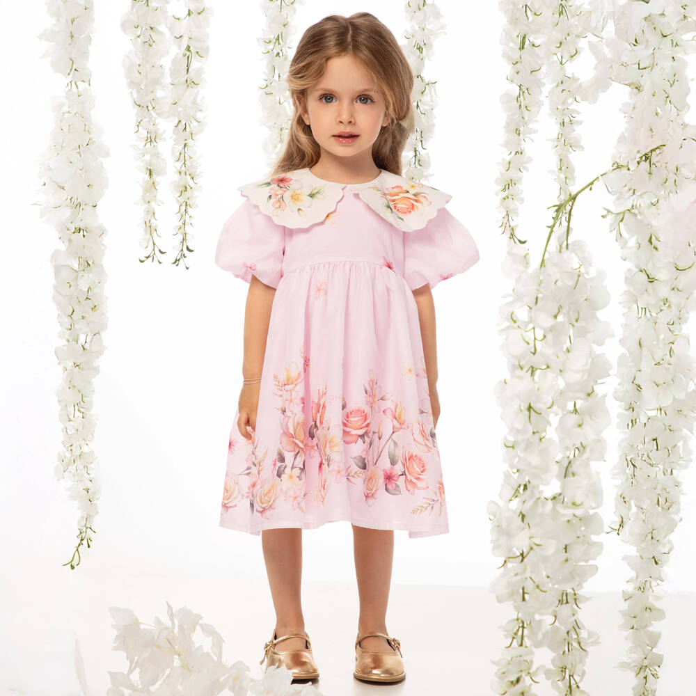 EIRENE-Baby Girls Pale Pink Cotton Floral Dress | Childrensalon Outlet