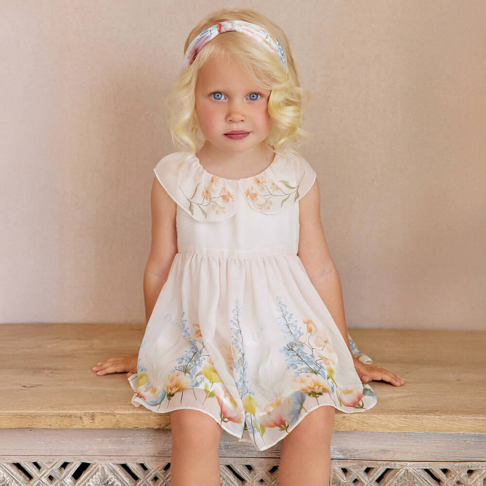 EIRENE-Baby Girls Pale Pink Floral Print Sleeveless Chiffon Dress | Childrensalon Outlet
