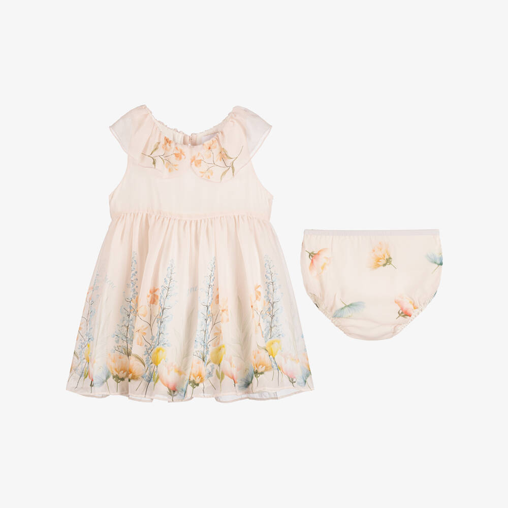 EIRENE-Baby Girls Pale Pink Floral Print Sleeveless Chiffon Dress | Childrensalon Outlet