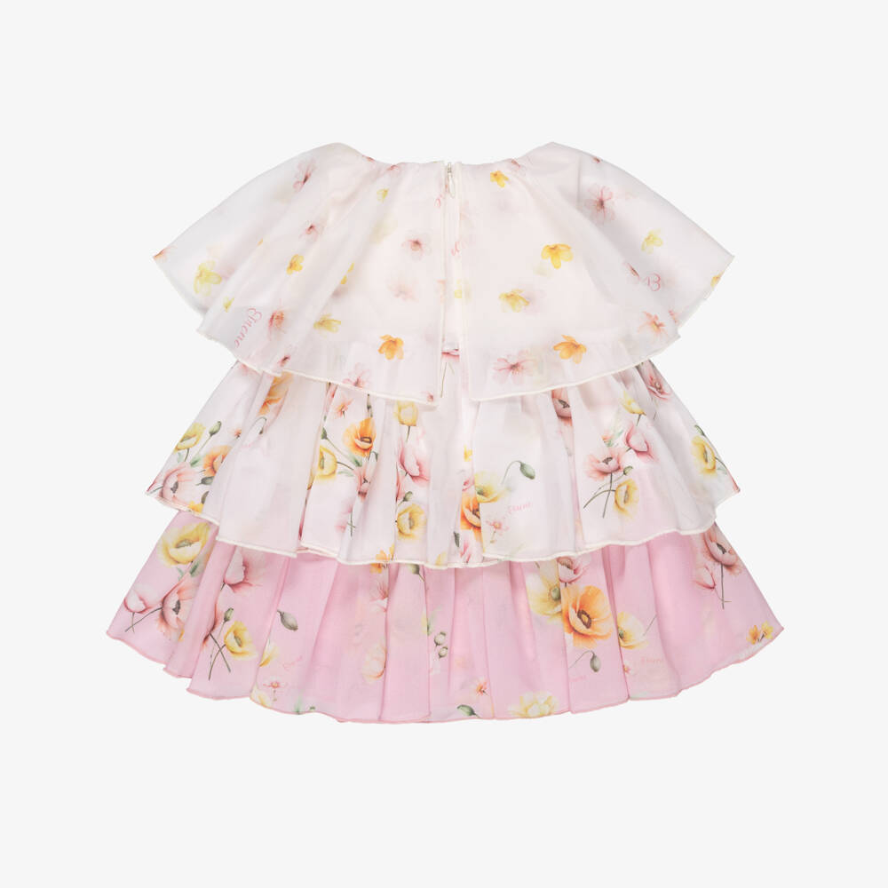 EIRENE-Baby Girls Pink Tiered Chiffon Dress with Floral Print | Childrensalon Outlet