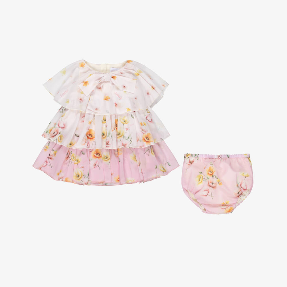 EIRENE-Baby Girls Pink Tiered Chiffon Dress with Floral Print | Childrensalon Outlet