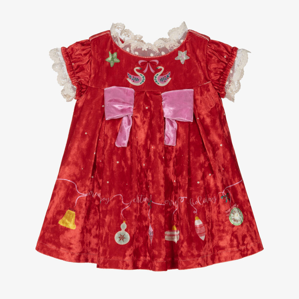 EIRENE-Baby Girls Red Velour Festive Swan Print Dress | Childrensalon Outlet