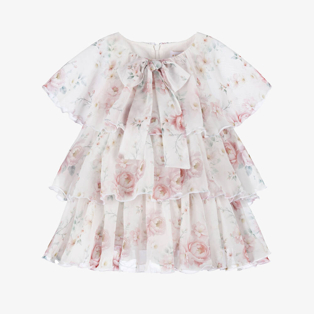 EIRENE-Baby Girls White & Pink Floral Chiffon Dress | Childrensalon Outlet