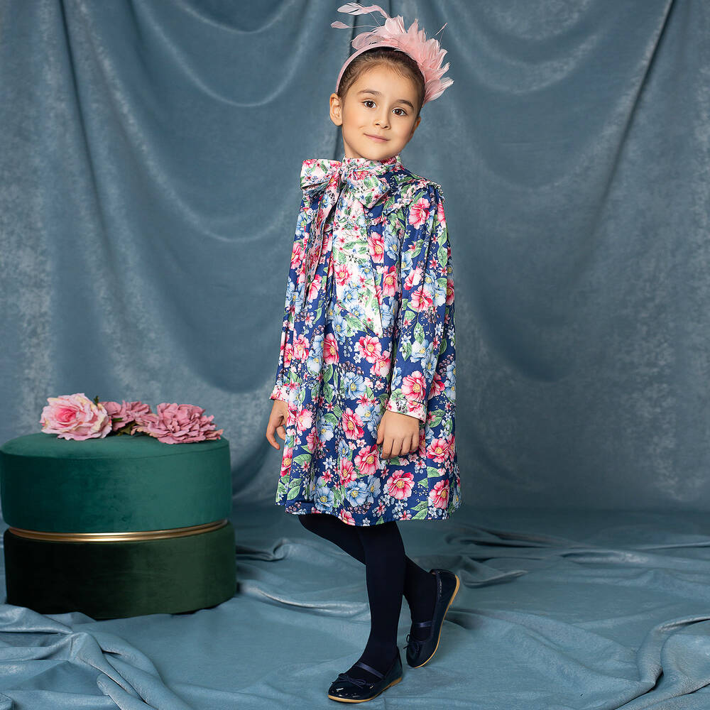 EIRENE-Blue Floral Dress with Bow | Childrensalon Outlet