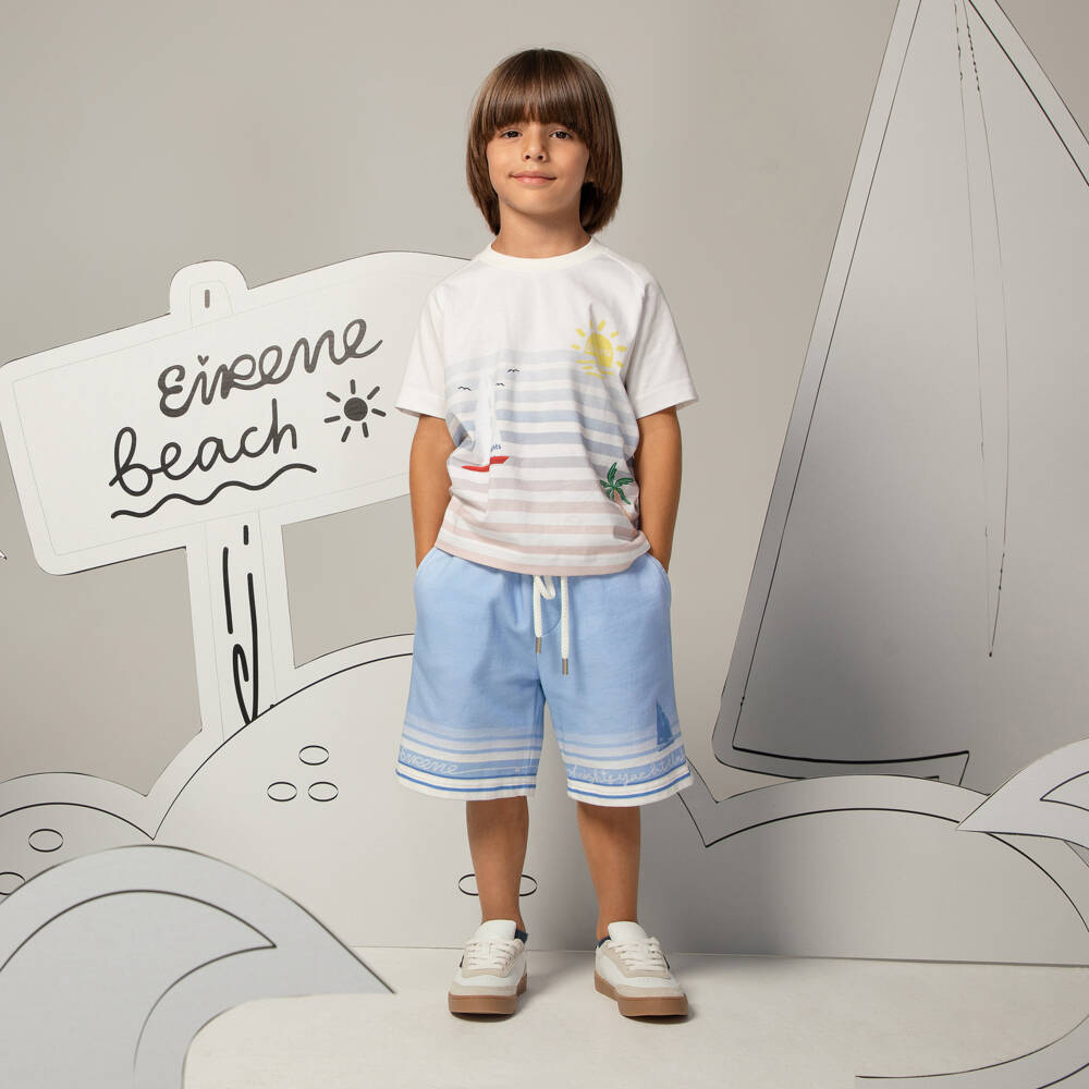 EIRENE-Boys Blue Cotton Jersey Sailboat Print Shorts | Childrensalon Outlet