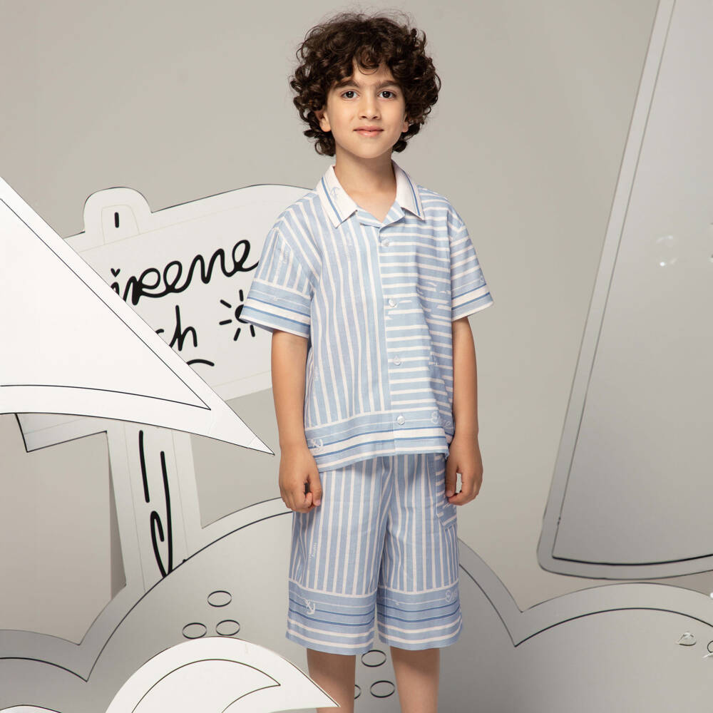 EIRENE-Boys Blue & Ivory Stripe Nautical Print Shorts | Childrensalon Outlet