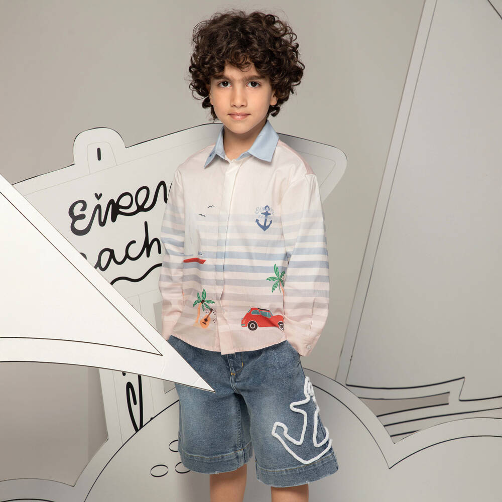 EIRENE-Boys White & Blue Stripe Cotton Shirt | Childrensalon Outlet