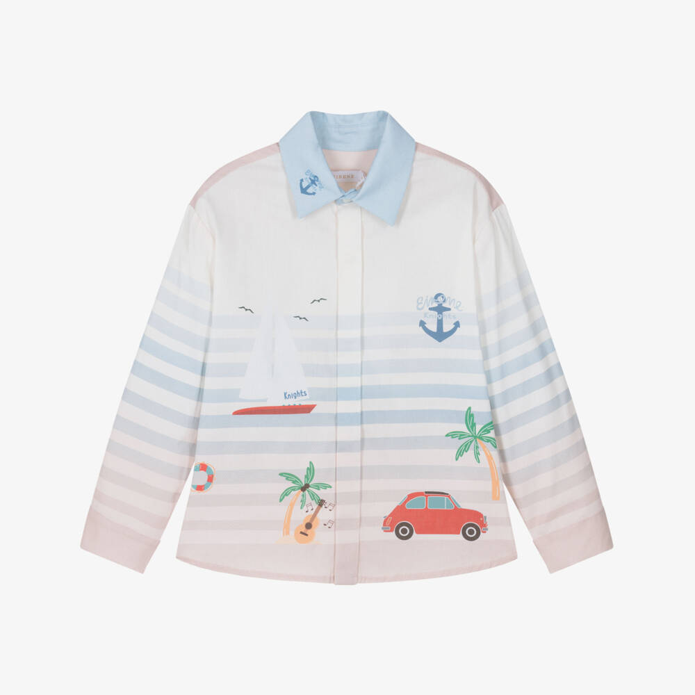 EIRENE-Boys White & Blue Stripe Cotton Shirt | Childrensalon Outlet