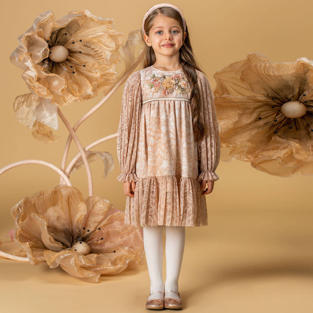 EIRENE-فستان دانتيل مطرز لون زهري بطبعة ورود | Childrensalon Outlet