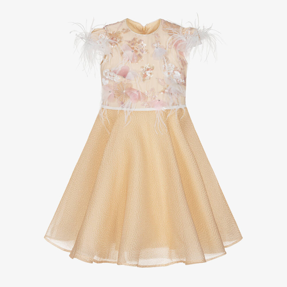 EIRENE-Girls Beige Flower & Feather Dress  | Childrensalon Outlet