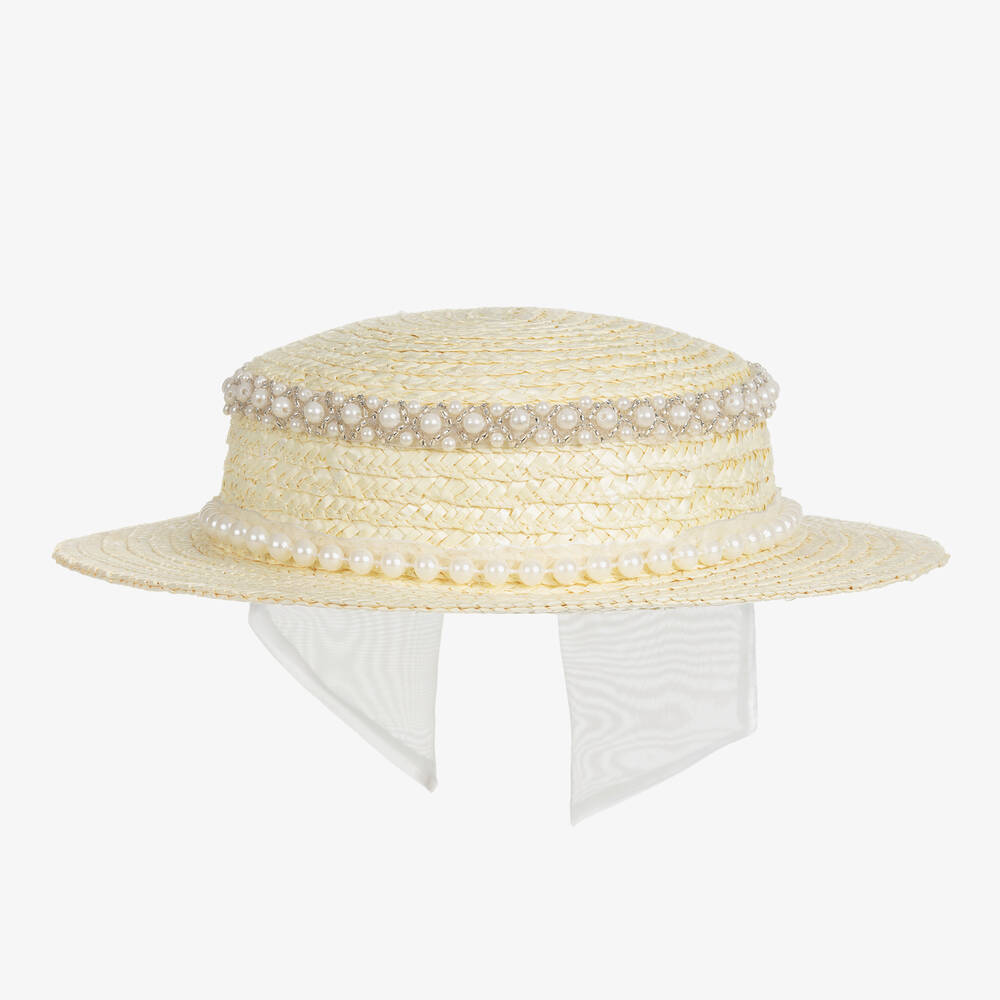 EIRENE - Бежевая соломенная шляпа с бантом и жемчугом | Childrensalon