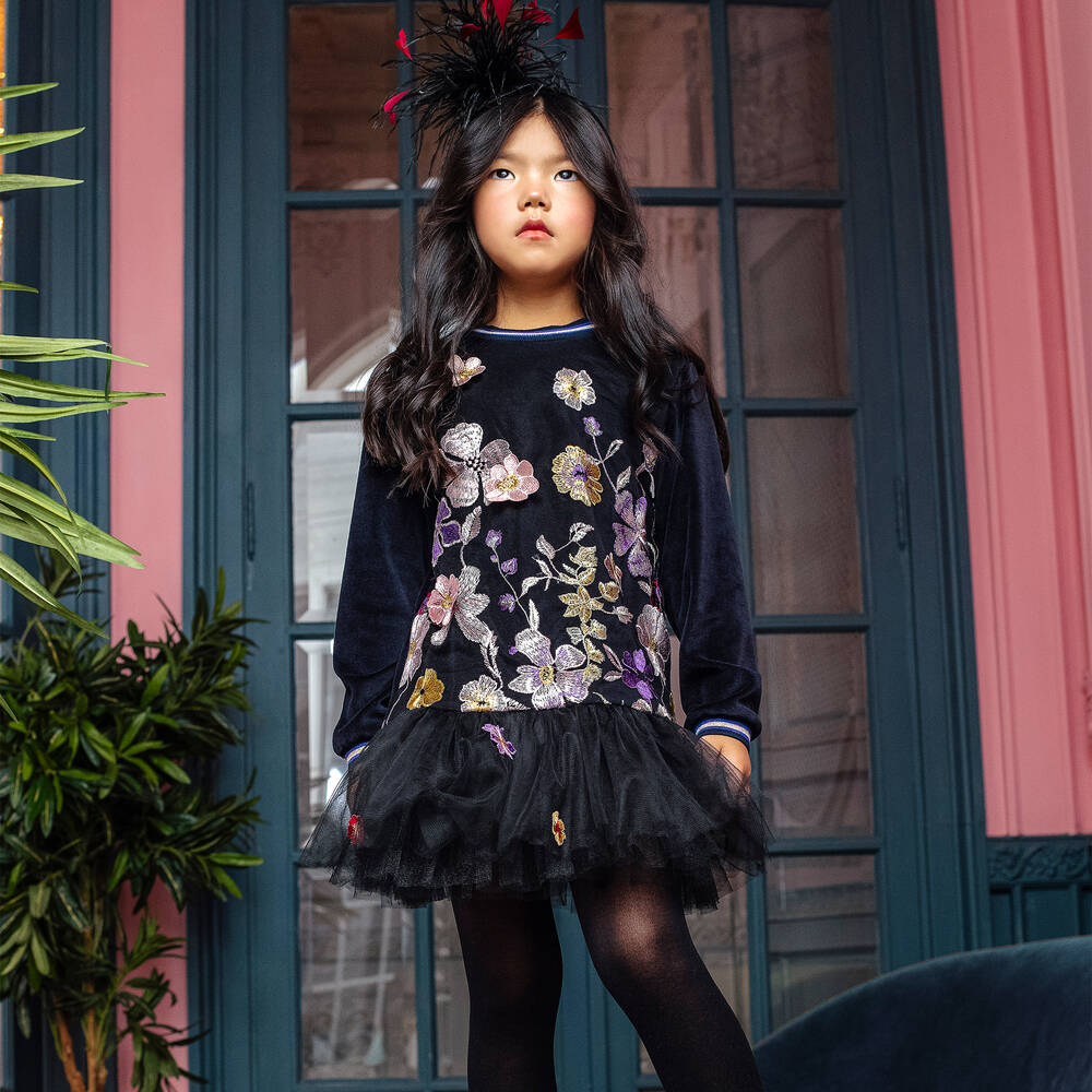 EIRENE-فستان قطن قطيفة وتول لون أسود مطرز بورود | Childrensalon Outlet