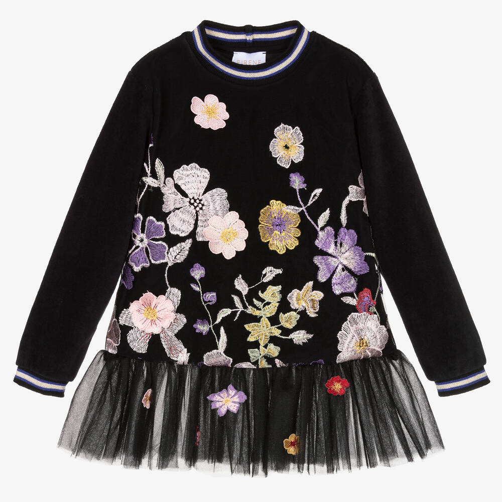 EIRENE - Girls Black Floral Cotton & Tulle Dress | Childrensalon