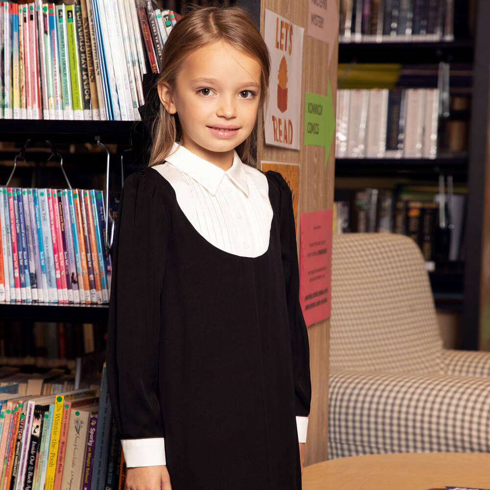EIRENE-Girls Black Twill Dress with Collar | Childrensalon Outlet
