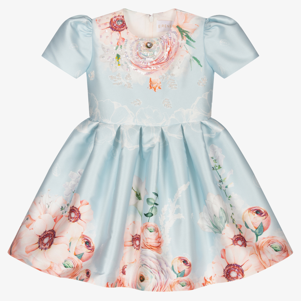 EIRENE - Girls Blue Floral Satin Dress | Childrensalon