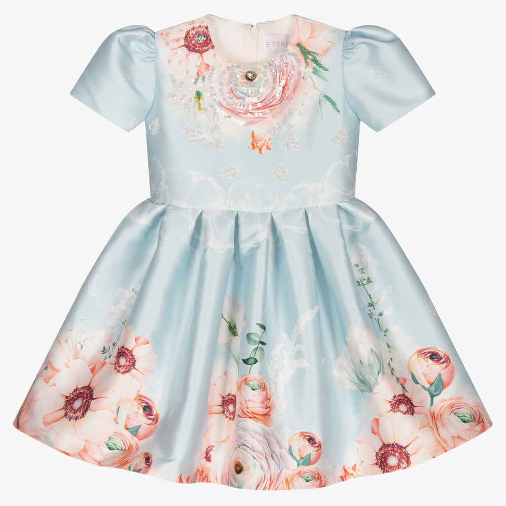 EIRENE - Blaues Satinkleid mit Blumen (M) | Childrensalon