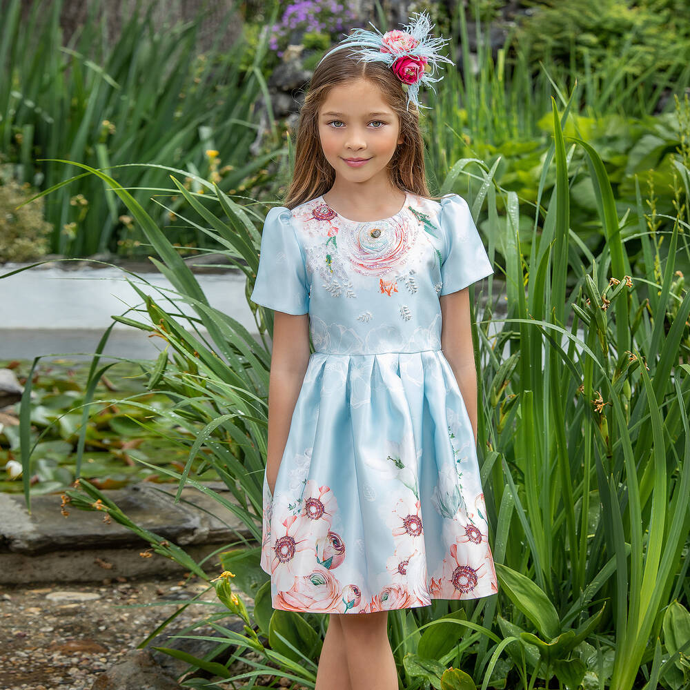 EIRENE-Girls Blue Floral Satin Dress | Childrensalon Outlet
