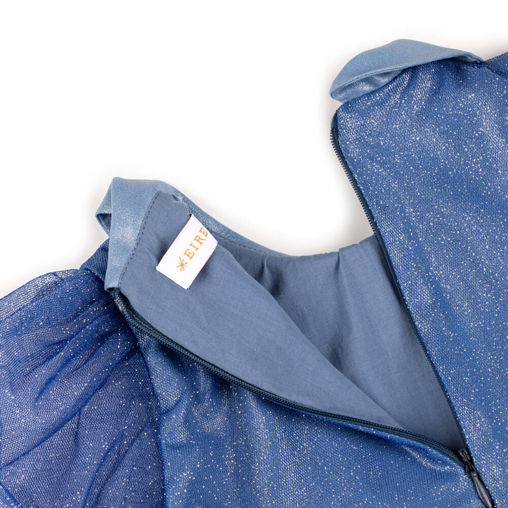 EIRENE-Girls Blue Glittery Tulle Dress with Silver Tie Bow | Childrensalon Outlet