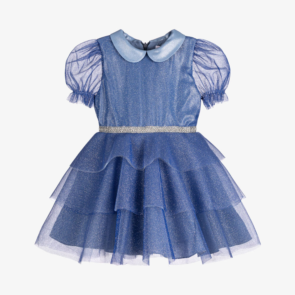 EIRENE-Girls Blue Glittery Tulle Dress with Silver Tie Bow | Childrensalon Outlet