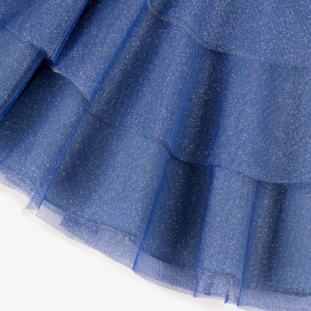 EIRENE-Girls Blue Glittery Tulle Dress with Silver Tie Bow | Childrensalon Outlet