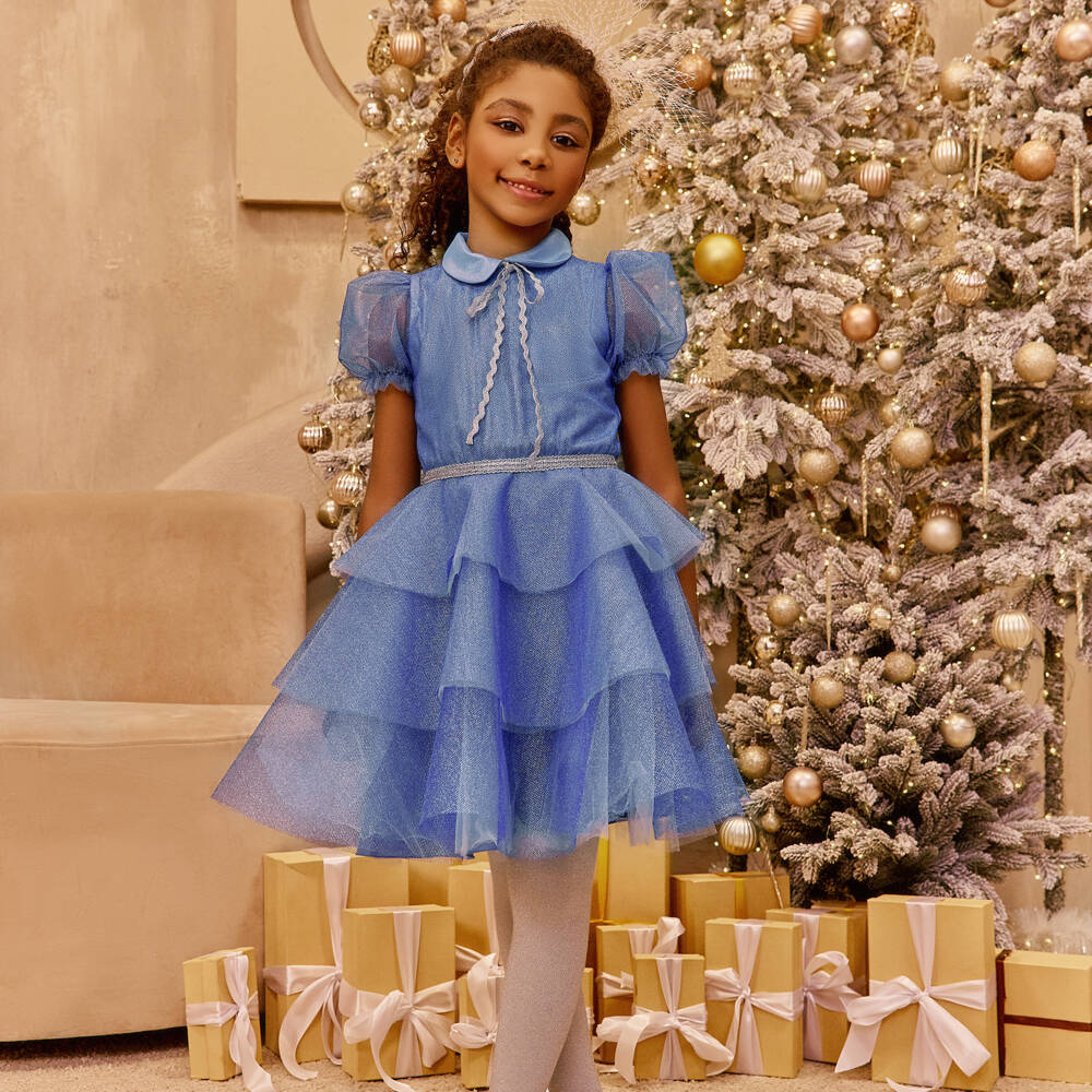 EIRENE-Girls Blue Glittery Tulle Dress with Silver Tie Bow | Childrensalon Outlet