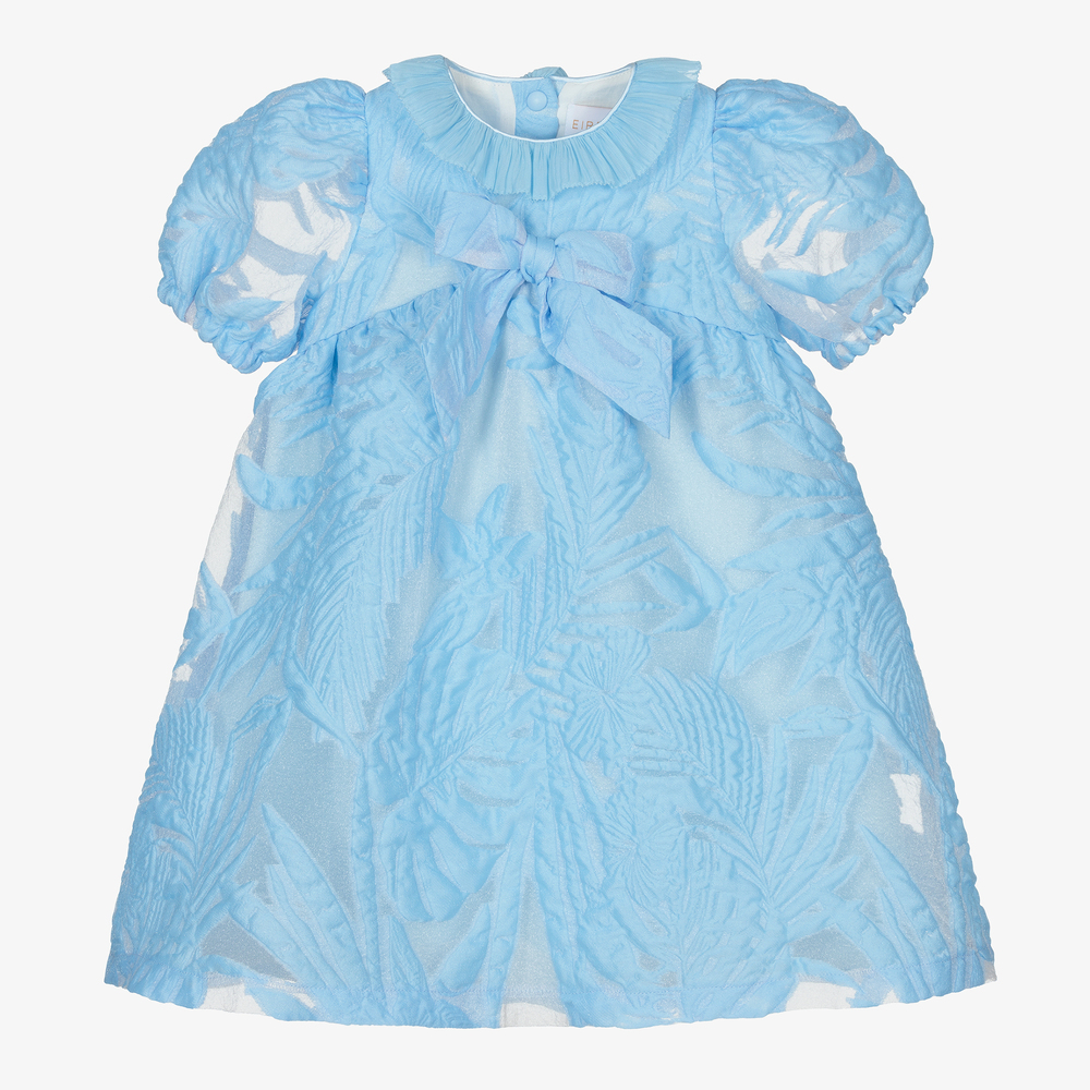 EIRENE - Girls Blue Jacquard Bow Dress | Childrensalon