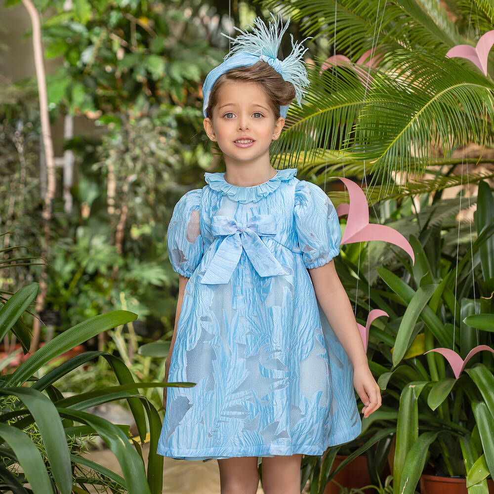 EIRENE-Голубое жаккардовое платье с бантом для девочек | Childrensalon Outlet